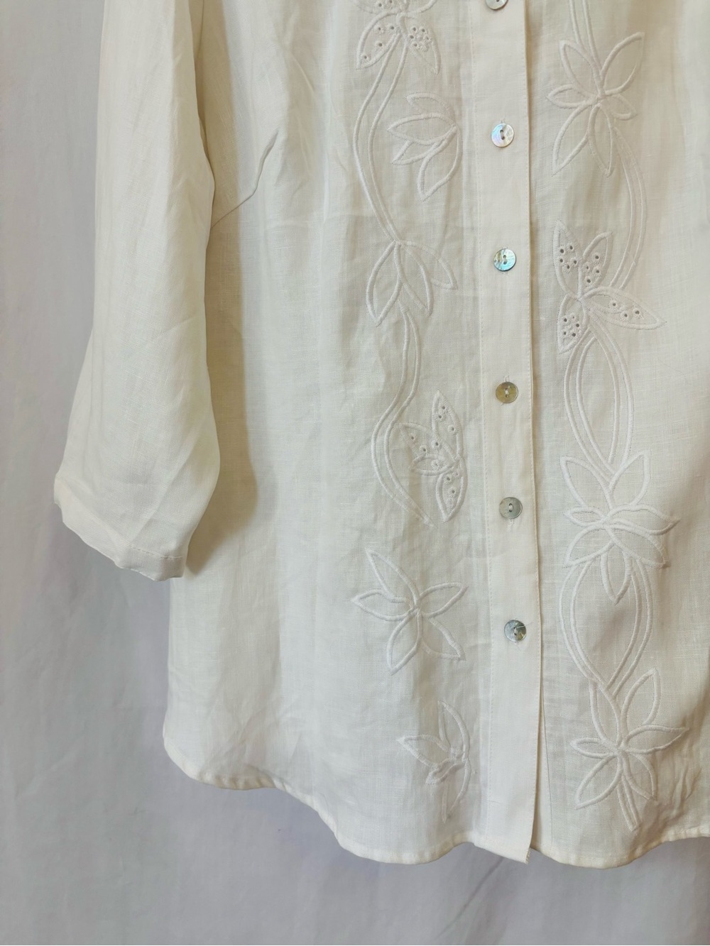 White Linen Embroidered Button Front Blouse 1X NWT